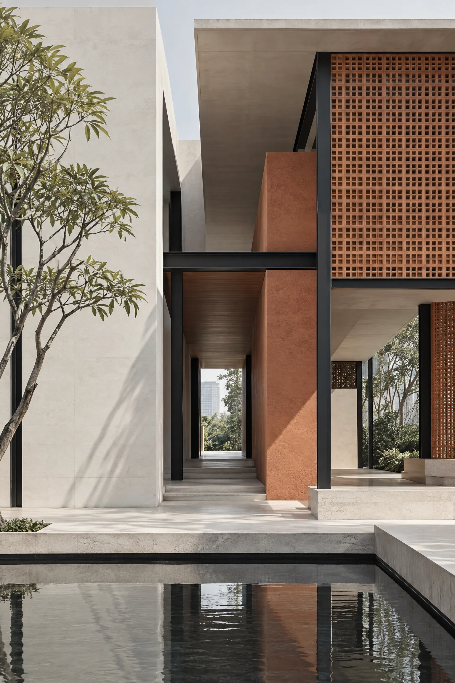 ที่พักอาศัยของ Terra & Form ในกรุงเทพฯ หินสีอ่อนและเหล็กสีดำ