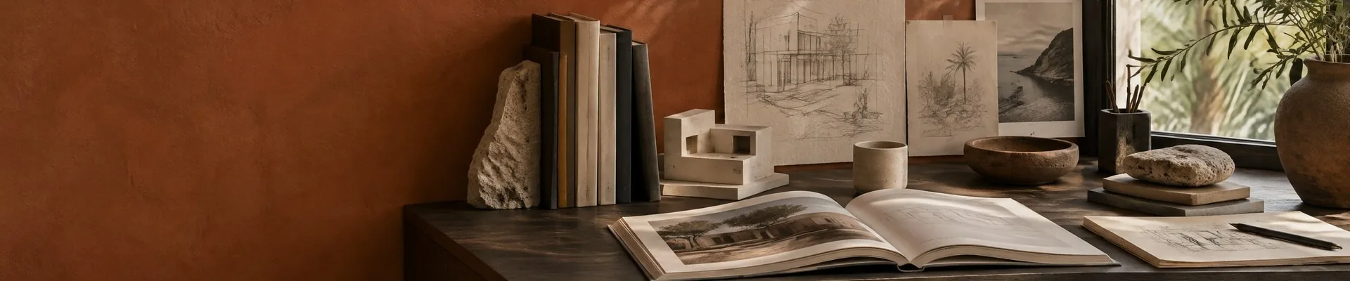 โต๊ะทำงานสถาปนิกพร้อมหนังสือ แบบจำลอง ภาพสเก็ตช์ และแบบร่าง — สตูดิโอ Terra & Form ในกรุงเทพฯ