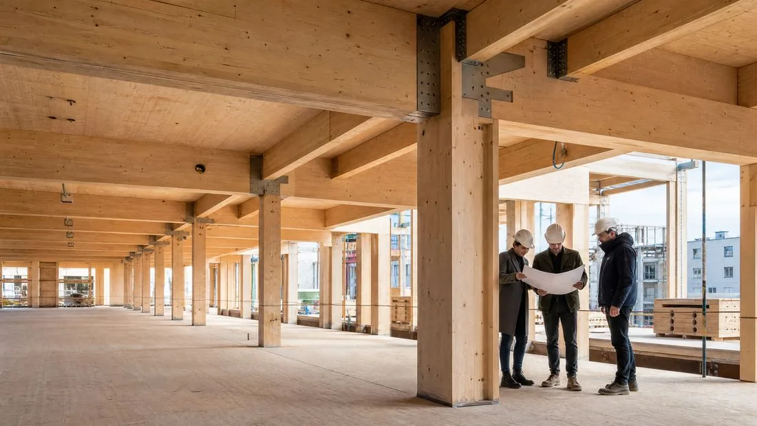โครงสร้างไม้มวลหนา (Mass Timber) ผู้เชี่ยวชาญสามคนกำลังตรวจแบบ